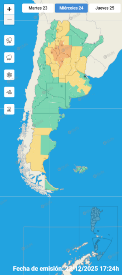 Las alertas emitidas por el SMN para este miércoles 24 de diciembre