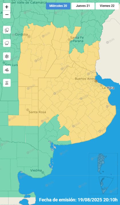 Las alertas emitidas por el SMN para este miércoles 20 de agosto.