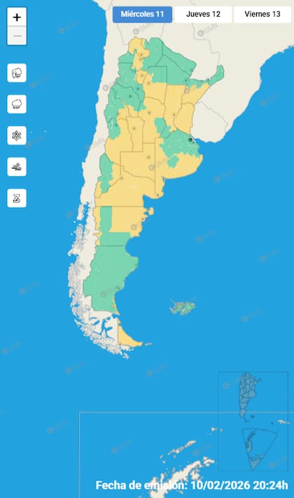Las alertas emitidas por el SMN para este miércoles 11 de febrero