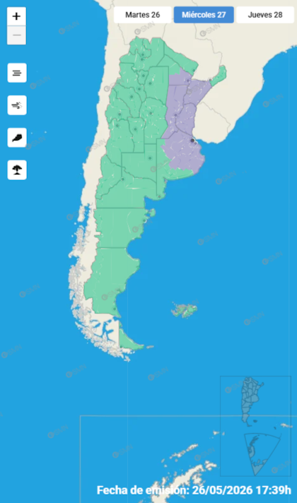 Las alertas emitidas por el SMN para este miércoles 27 de mayo