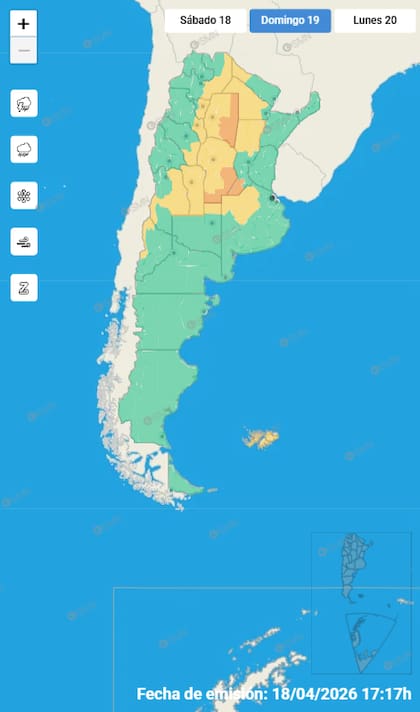 Las alertas emitidas por el SMN para este domingo 19 de abril