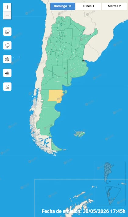 Las alertas emitidas por el SMN para este domingo 31 de mayo