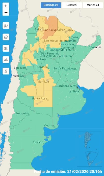 Las alertas emitidas por el SMN para este domingo 22 de febrero