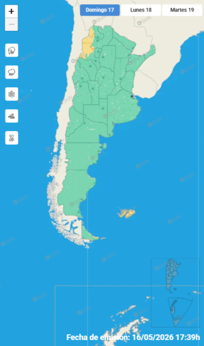 Las alertas emitidas por el SMN para este domingo 17 de mayo
