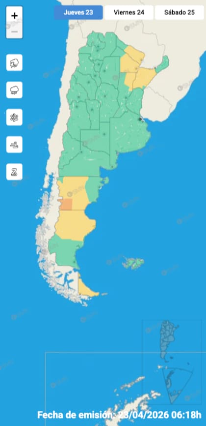 Las alertas emitidas por el SMN para este jueves 23 de abril