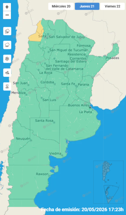 Las alertas emitidas por el SMN para este jueves 21 de mayo
