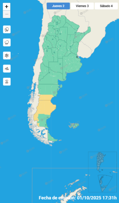 Las alertas emitidas por el SMN para este jueves 2 de octubre.