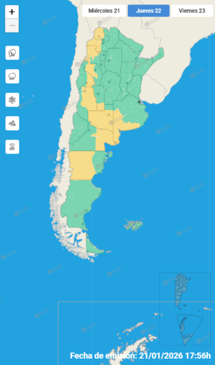 Las alertas emitidas por el SMN para este jueves 22 de enero