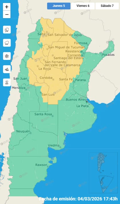 Las alertas emitidas por el SMN para este jueves 5 de marzo