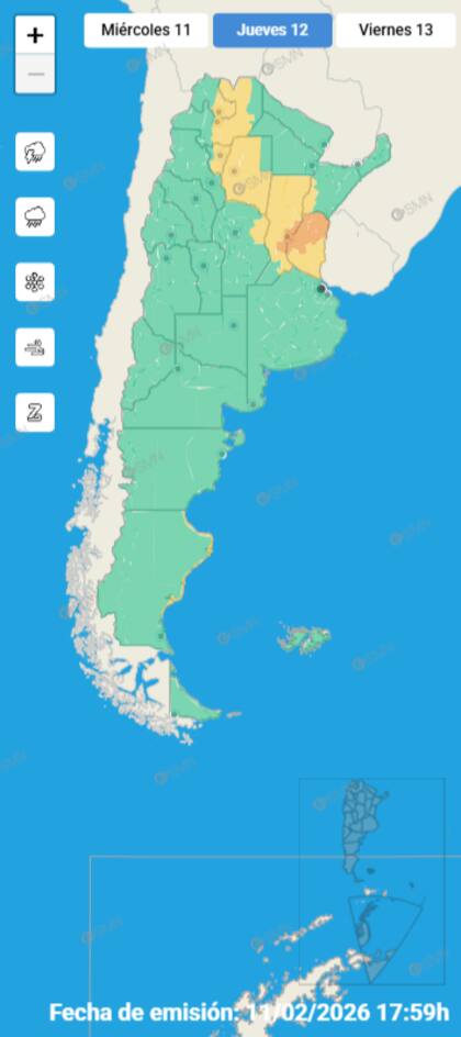 Las alertas emitidas por el SMN para este jueves 12 de febrero