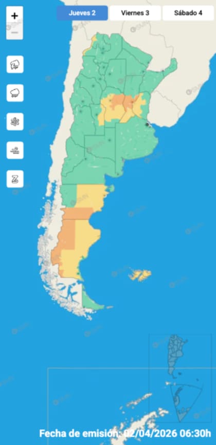 Las alertas emitidas por el SMN para este jueves 2 de abril.