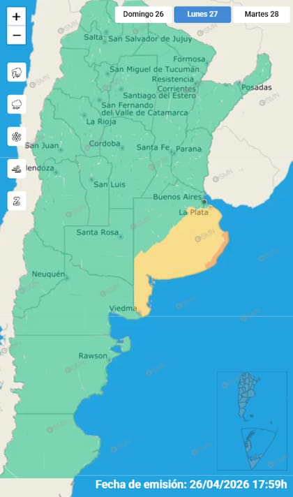Las alertas emitidas por el SMN para este lunes 27 de abril