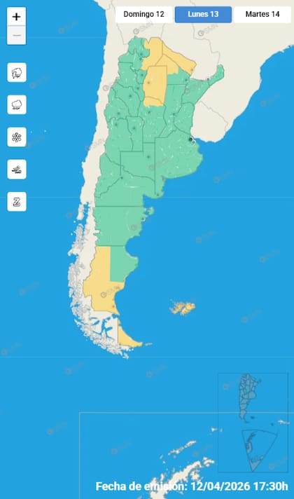 Las alertas emitidas por el SMN para este lunes 13 de abril