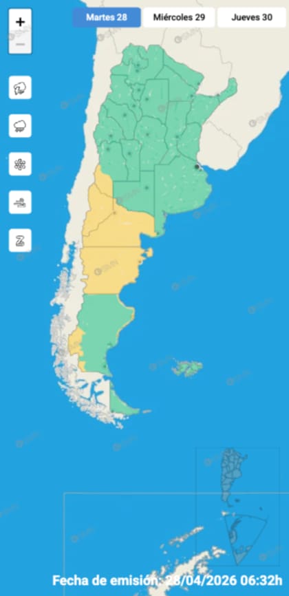 Las alertas emitidas por el SMN para este martes 28 de abril