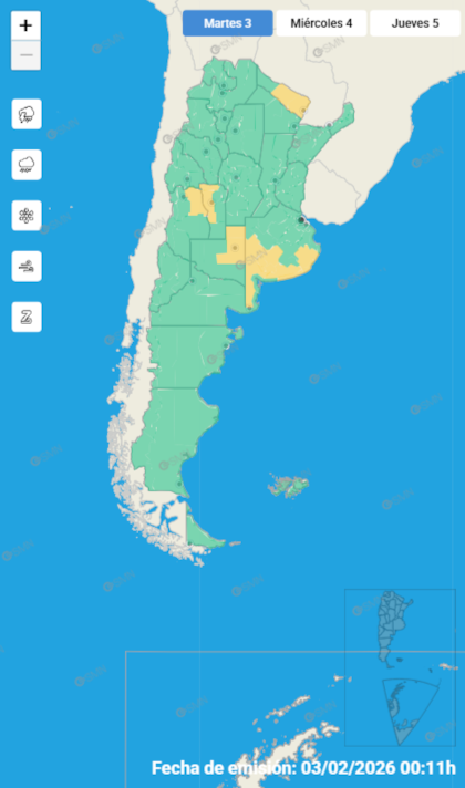 Las alertas emitidas por el SMN para este martes 3 de febrero