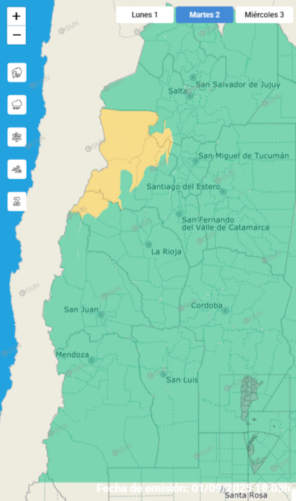 Las alertas emitidas por el SMN para este martes 2 de septiembre.