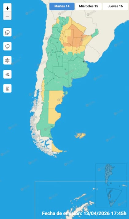 Las alertas emitidas por el SMN para este martes 14 de abril.