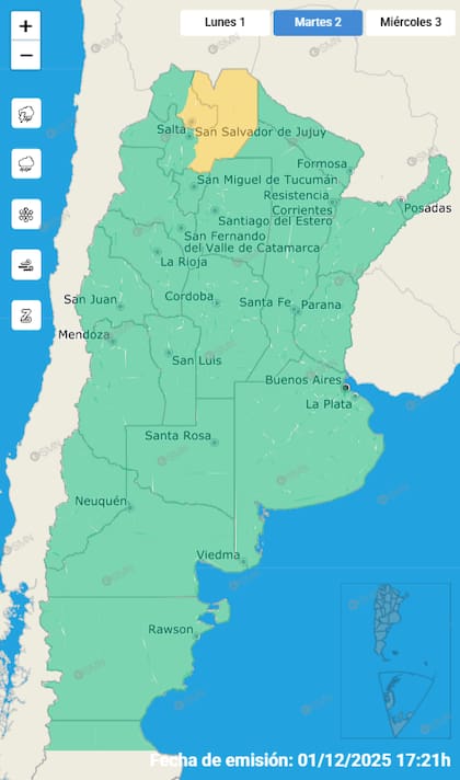 Las alertas emitidas por el SMN para este martes 2 de diciembre