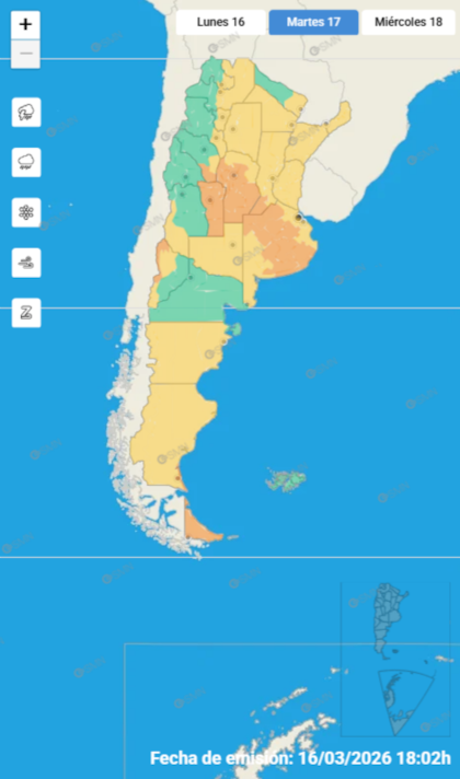 Las alertas emitidas por el SMN para este martes 17 de marzo