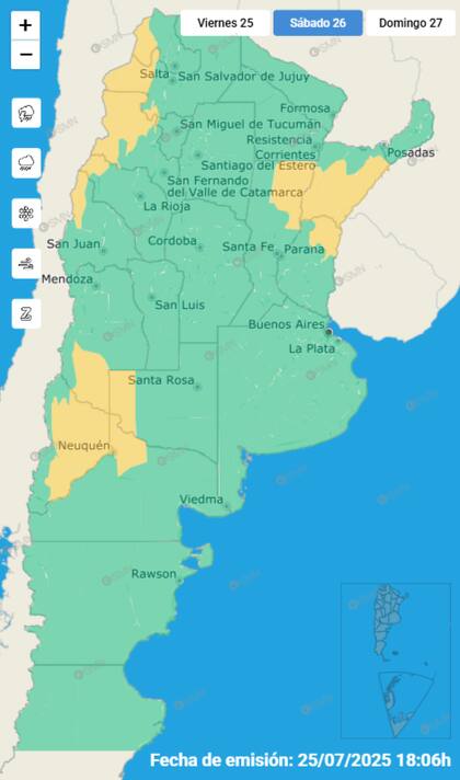 Las alertas emitidas por el SMN para este sábado 26 de julio.
