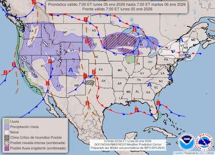 Las alertas meteorológicas para EE.UU. este lunes 5 de enero abarca lluvias, nieve y clima crítico de incendios posibles