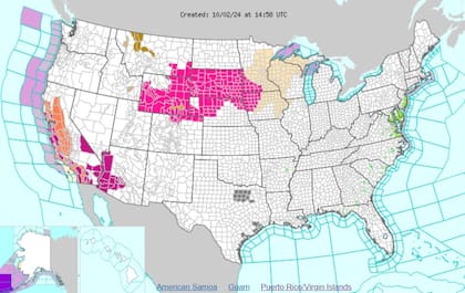 Las alertas por calor excesivo (violeta) y advertencias de calor (naranja) en EE.UU.