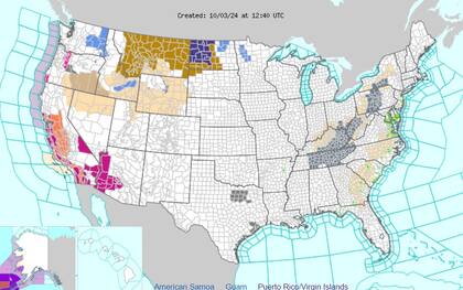 Las alertas por calor excesivo (violeta) y advertencias de calor (naranja) en EE.UU.