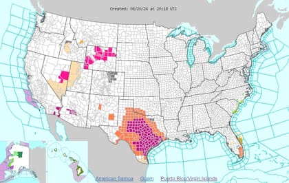 Las alertas por calor extremo (violeta) y advertencias de calor (naranja) en EE.UU.