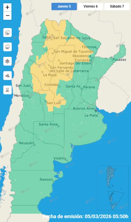 Las alertas por tormentas para este jueves.