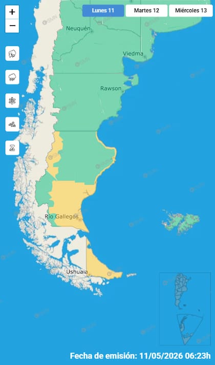Las alertas por vientos fuertes y nevadas en el sur del país