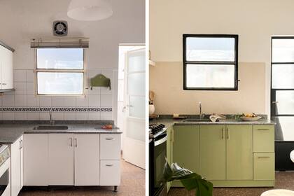 Las alzadas de mosaicos se revistieron de microcemento color beige (Sinteplast) y los muebles se pintaron con esmalte Époxi de la misma marca.