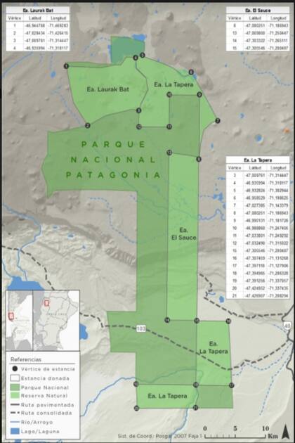 En verdes claro las tres estancias donde fue creada por decreto la Reserva Natural Silvestre Patagonia que ahora se declaró inconstitucional