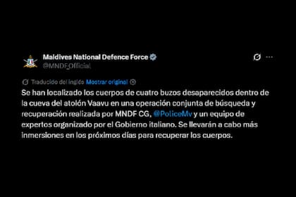 Las autoridades de las Maldivas confirmaron el hallazgo de los cuerpos de los cuatro buzos italianos que permanecían desaparecidos desde la semana pasada