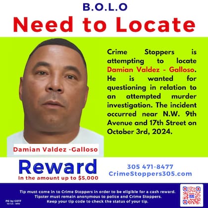 Las autoridades de Miami pidieron información sobre el paradero de Damián Valdez-Galloso y ofrecieron una recompensa de US$5000