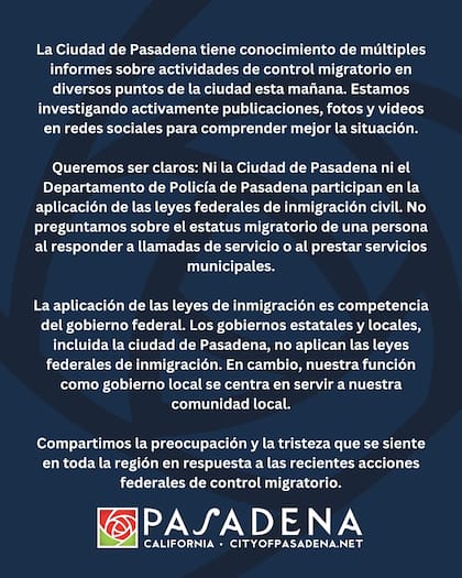 Las autoridades de Pasadena publicaron un comunicado sobre la redada