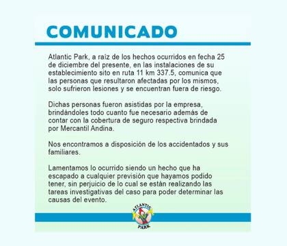 Las autoridades del parque donde ocurrió el accidente emitieron un comunicado oficial al respecto
