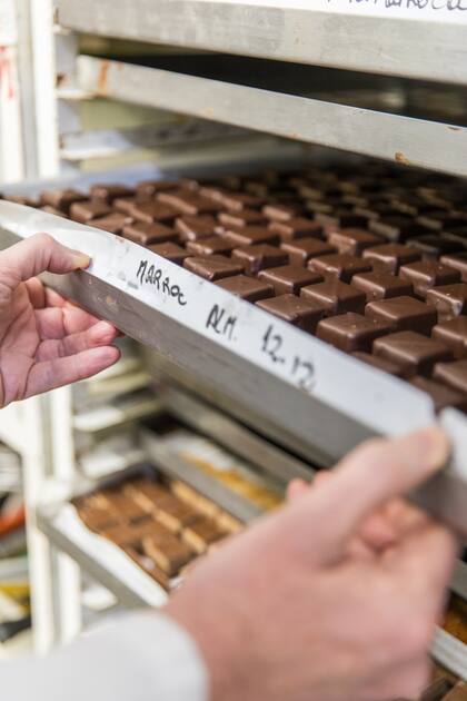 Las bandejas para clasificar las distintas variedades de chocolate recién elaborado. El Marroc es uno de los más clásicos y demandados.
