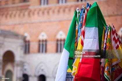 Las banderas con escudos heráldicos que representan a cada distrito.