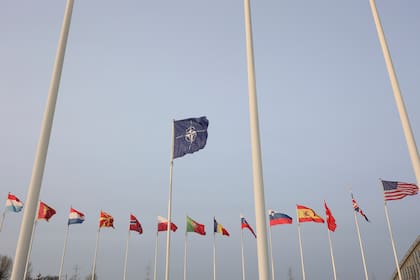 Las banderas de los miembros de la OTAN adornan el exterior de la sede de la OTAN antes de la firma de una declaración conjunta entre la alianza militar y la Unión Europea en Bruselas, el martes 10 de enero de 2023 (AP Foto/Olivier Matthys)