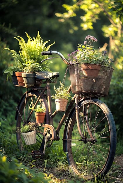 Las bicicletas viejas sirven para colgar macetas con plantas (Foto: Grok)