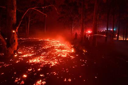 Las brasas encendidas cubren el suelo mientras los bomberos luchan contra incendios forestales alrededor de la ciudad de Nowra en el estado australiano de Nueva Gales del Sur.