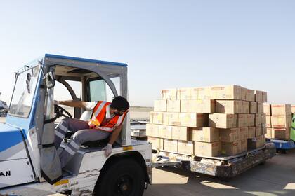 Las cajas que viajaron en un avión de Aerolíneas Argentinas, hoy, al llegar a Ezeiza