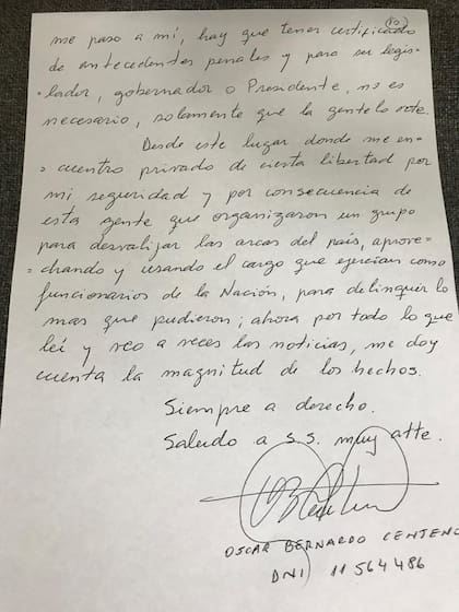 Página diez del escrito que Centeno entregó a Bonadio