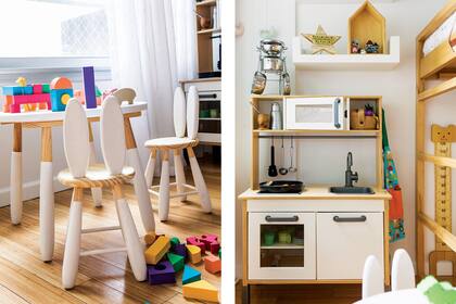 Las chicas tienen un juego de mesa y sillas de madera (Chela Home); cocina y utensilios de juguete (Ikea).