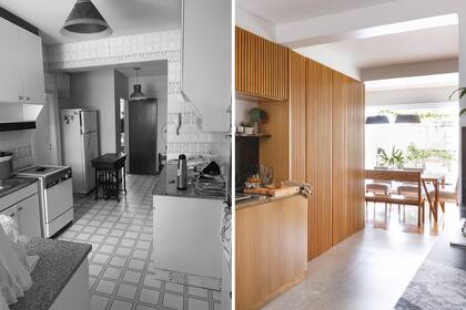 Las circulaciones se simplificaron e hicieron más directas: la cocina se une al estar con un esquema longitudinal de mesadas a lado y lado, y atraviesa el comedor para rematar en el balcón y asistir al sector de parrilla. Alacenas y muebles enchapados en roble americano (Ligno).