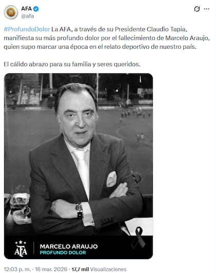 Las condolencias de la AFA por la muerte de Marcelo Araujo