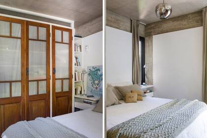 Las cortinas tienen un tono visón que se mimetiza con el del hormigón armado. Las puertas del placard son de cedro y fueron recuperadas de una demolición. Su ancho marcó el del mueble, dejando un resto abierto que se aprovechó como biblioteca.