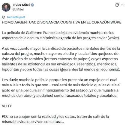 Las declaraciones de Javier Milei sobre Homo Argentum (Fuente: @JMilei)
