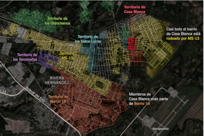 Las diferentes pandillas que controlan una parte de San Pedro Sula, la ciudad más violenta de Honduras; algunos límites no están claros