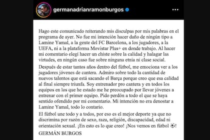 Las disculpas públicas del Mono Burgos en su Instagram